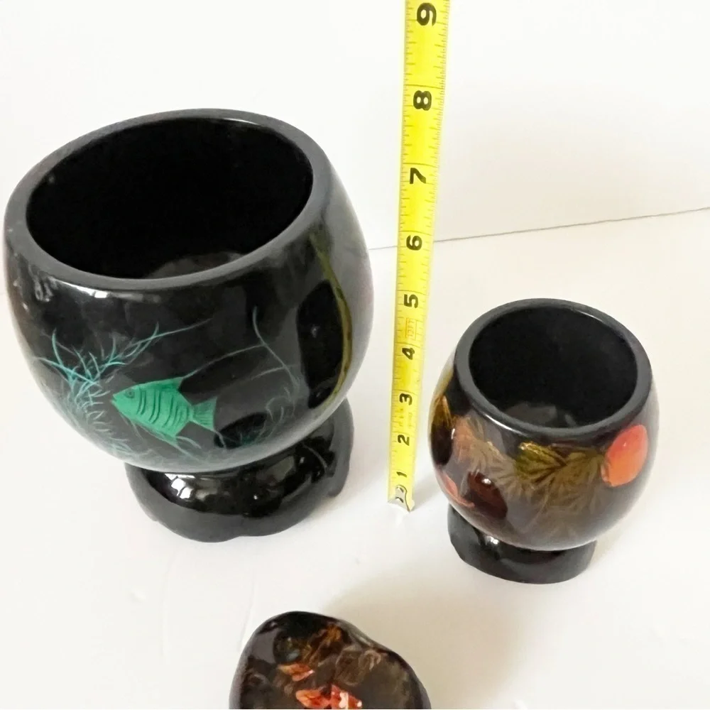 Black Lacquer Footed Wooden Bowl Boat Koi Iridescent Blue Paperweight Vietnam 3x